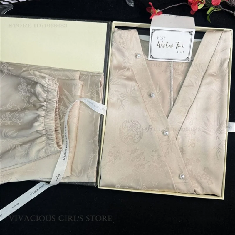 New Chinese Style Female Pajamas Lingerie Matching Set High Quality Jacquard Pijamas Suit Loungewear Loose Silky Satin Homewear