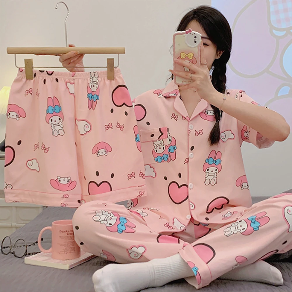 

My Melody Hello Kitty Cartoon Pajama Set for Women's Short Sleeved Soft Print Pajamas Cute Y2K Pink Casual Loose Home Clothes
