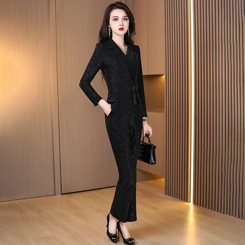 Fashion Jacquard Suit Collar Professional Set for Women's 2024 New Spring Fashionable Style Slim Wide Leg Pants 2-piece Set
