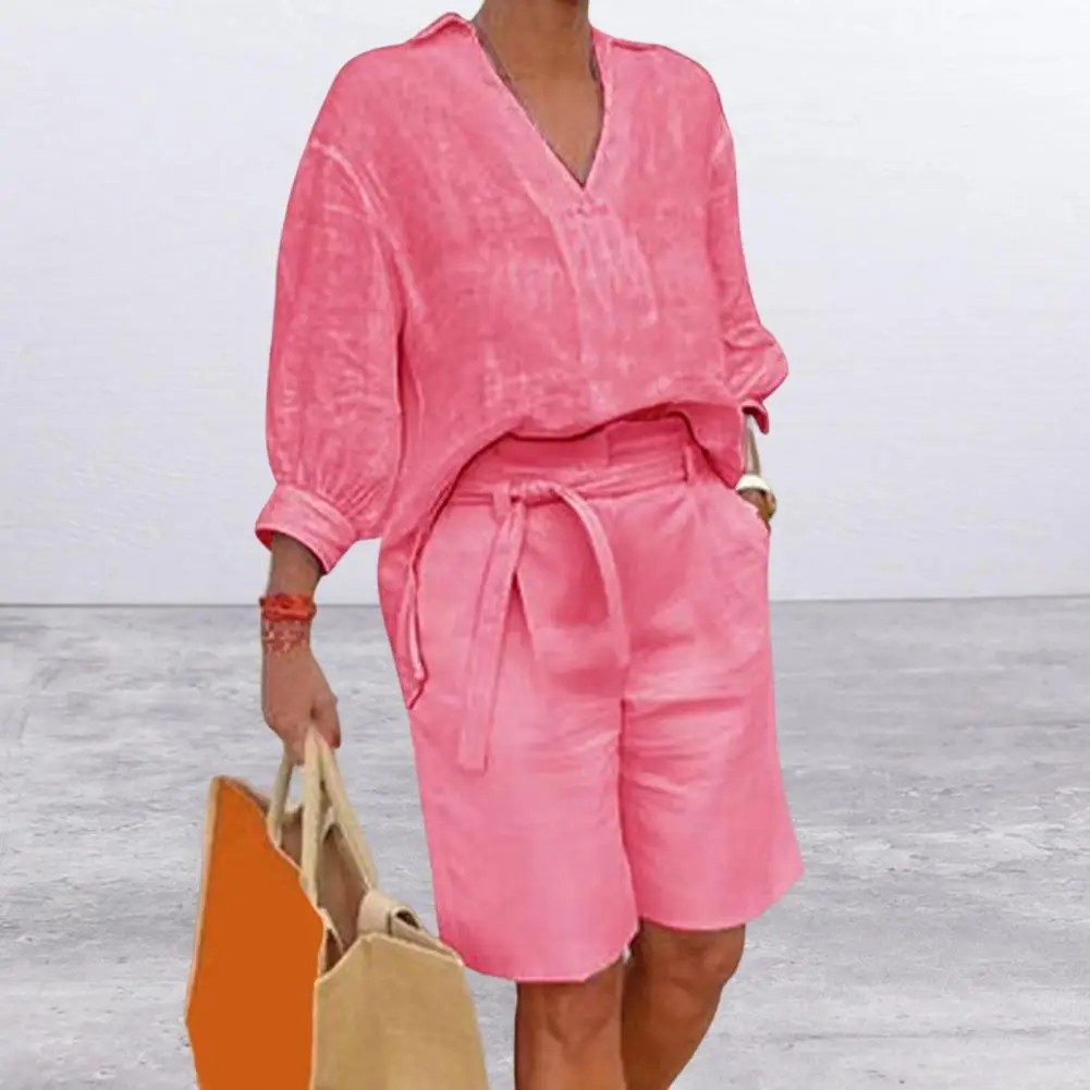 Cotton Linen Women's Two Piece Set Casual V-Neck Half Sleeve Lapel Shirt And Belted Wide Leg Shorts Summer Lounge Set 80% view 3