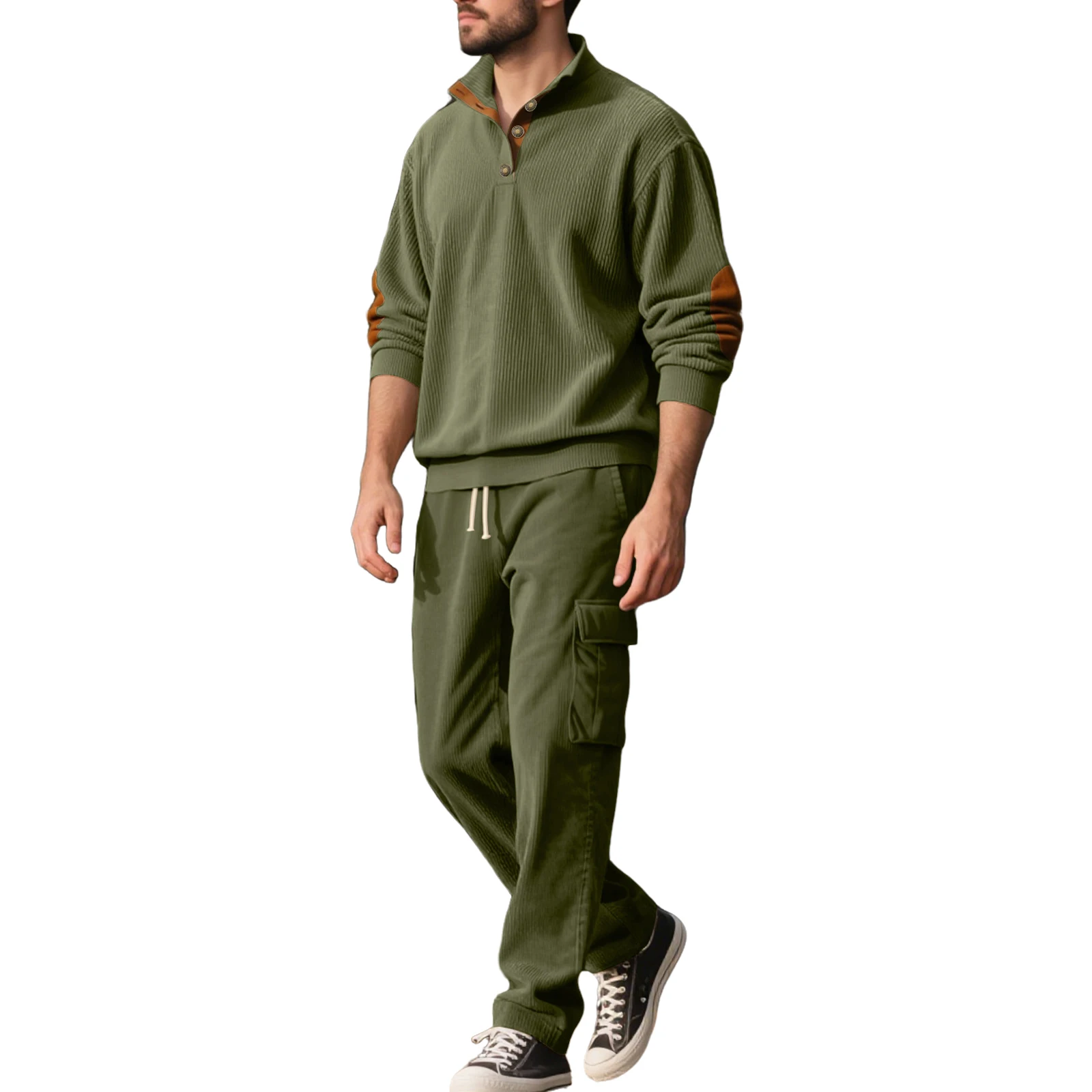 Męski kombinezon ze sztruksu ze stójką, zapinany na zamek, męski jesienno-zimowy ciepły, luźny, pluszowy, gruby kombinezon z kapturem i nadrukiem.