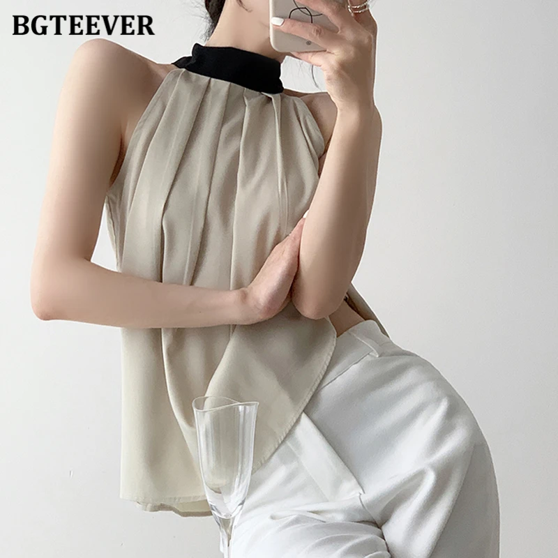 BGTEEVER elegante donna Patchwork Halter Lace-up camicie primavera elegante femminile senza maniche pullover camicette donna top estate