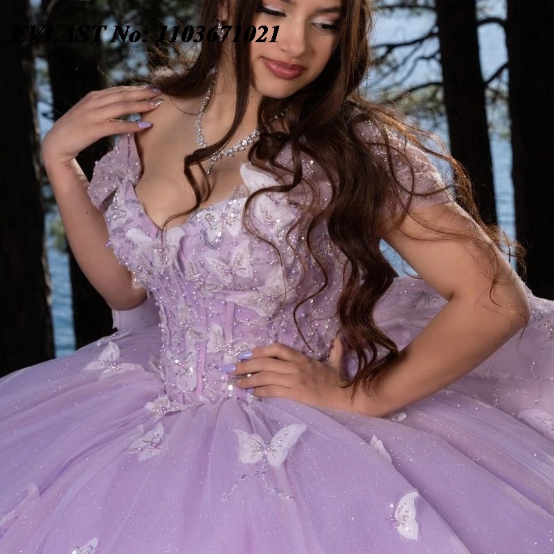 EVLAST Lavender Lilac Quinceanera Dress Ball Gown Butterfly Applique Beaded Tulle With Bow Sweet 16 Vestidos De XV 15 Anos SQ91