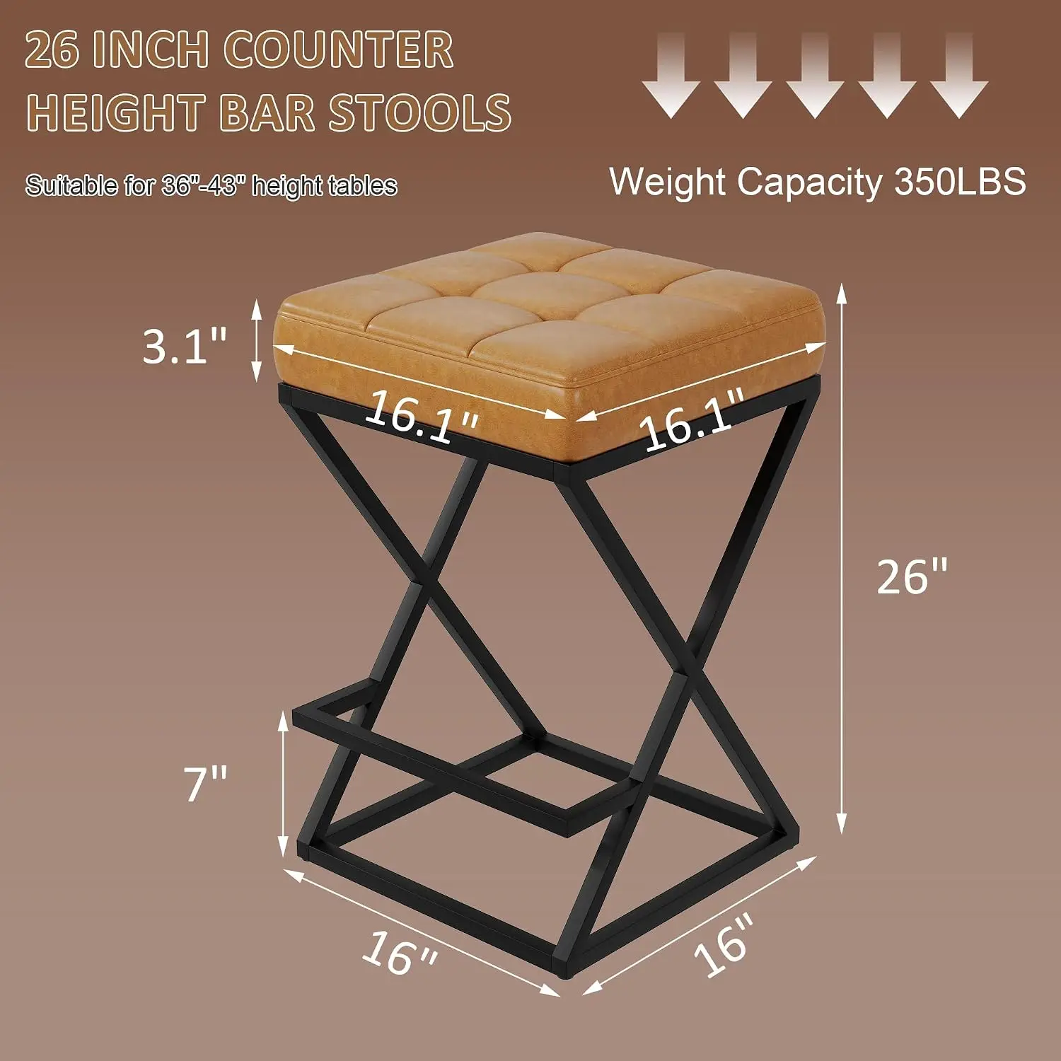 Backless Bar Stools Set of 2, 26 Inch Counter Barstools, PU Brown | Industrial Metal Bar Stools, Backless Faux Leather Seat, X-Frame Footrest,Space-Saving, 26