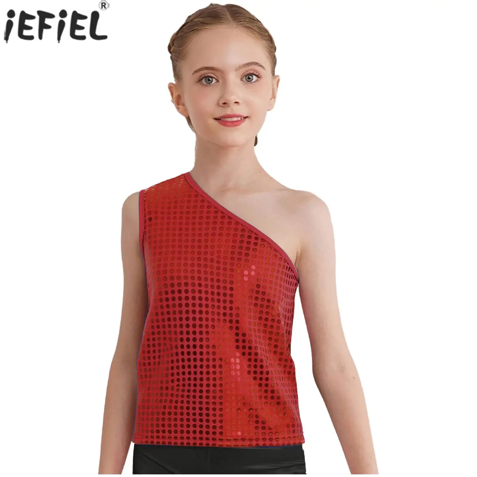Girls Metallic Dots Cheerleading Dance Vest Top One Shoulder Shiny Tank Tops for Jazz Hip Hop Street Dancing Stage Performance