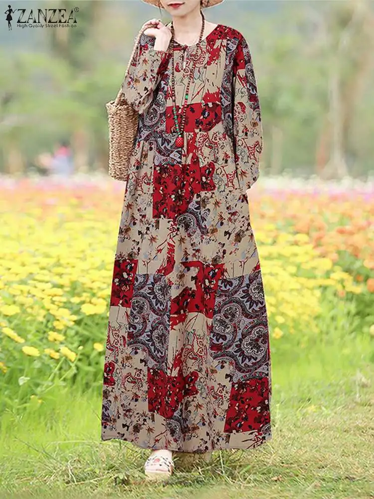 ZANZEA-vestido de verano con estampado Floral para mujer, maxivestido bohemio de manga larga con estilo, para vacaciones, 2024