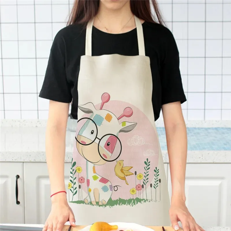 Lovely Cartoon Rabbit Printed Kitchen Aprons for Women Kids Sleeveless Cotton Linen Cooking Cleaning Tools