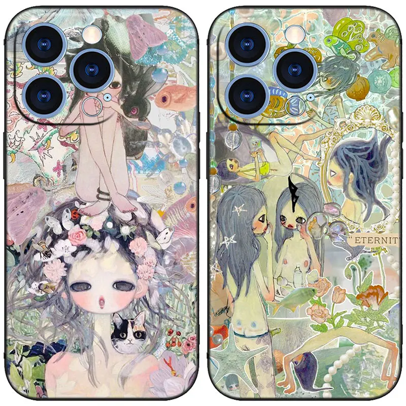 Aya Takano Funky art Black Phone Case For Apple iPhone 15 Pro Max 15 14 13 12 Pro Max Mini 11 Pro 7 8 Plus XR X XS SE 2020 2022