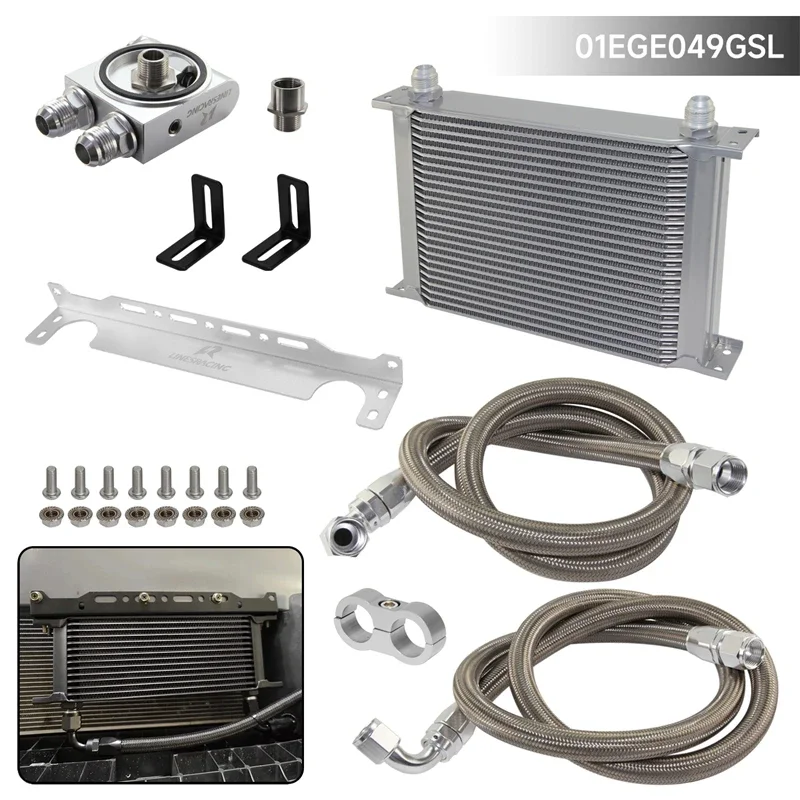 

Universal Oil Cooler Kit 19-28 Row + 73±0.5° Thermostatic Mounting Brackets Kit AN10 7/8"-14 UNF And 1/8" NPT Aluminum Silver