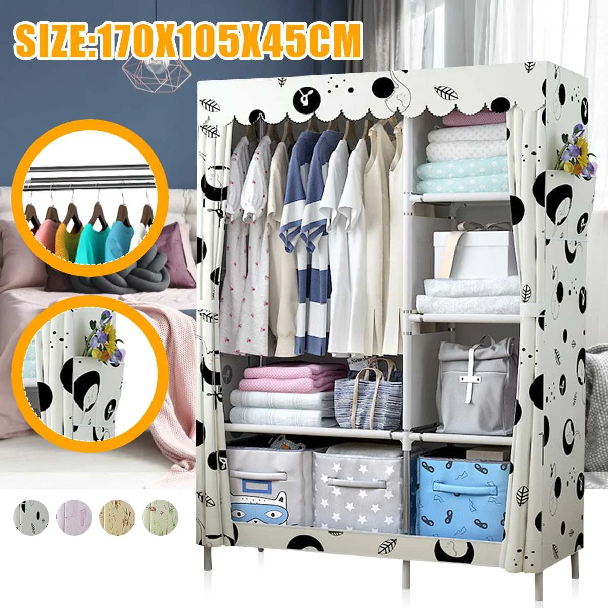 Modern Minimalist Style Portable Closet Wardrobe Clothes Rack Dustproof Cover Bedroom Storage Organizer Holder Closet Furniture