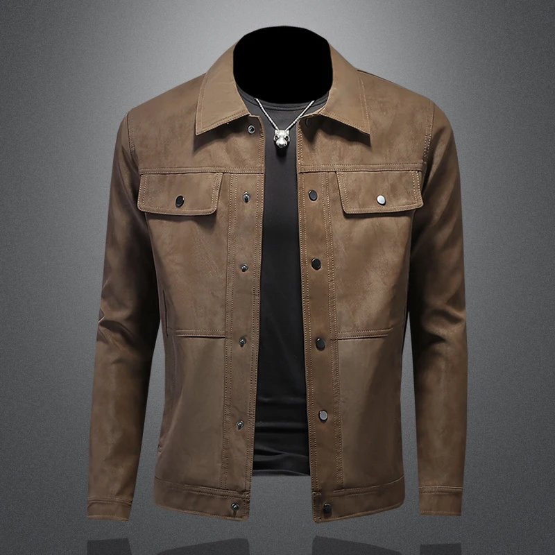 

2024 autumn and winter new men's lapel single breasted motorcycle leather jacket, high-quality slim fit leather jacket
