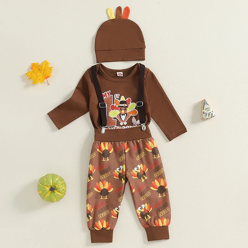 Suefunskry Baby Boy Thanksgiving Outfit Letter Turkey Print Long Sleeve Romper and Suspender Pants Hat Set Spring Fall 3Pcs Set