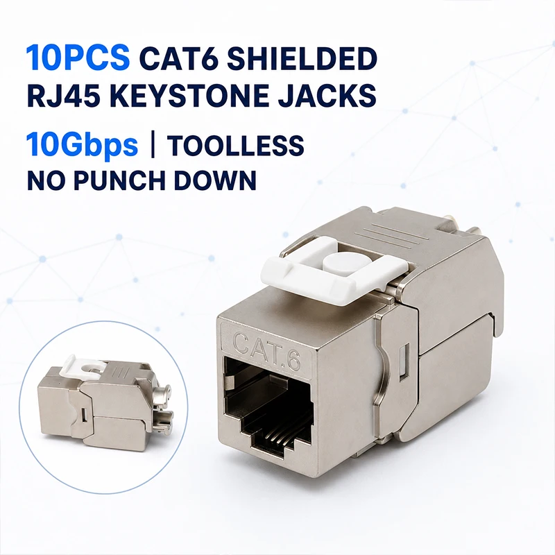 10Pcs Cat6 Shielded RJ45 Keystone Jacks 180 Degree Toolless No Punch Down 10Gbps Ethernet Network Modules for STP Shielded Cable