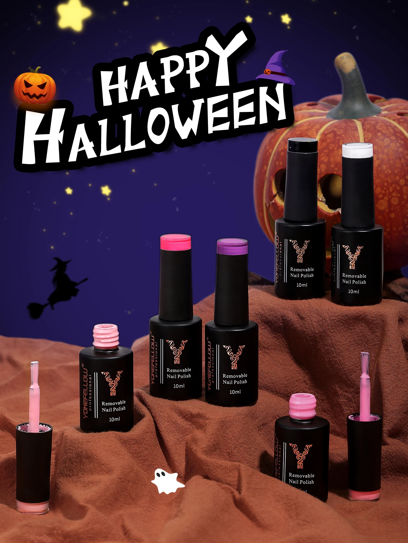 Juego de esmaltes de uñas de Gel, 6 colores, Halloween, naranja, rosa y negro, Kit de Gel de uñas blanco y negro, minicura LED UV DIY para fiesta