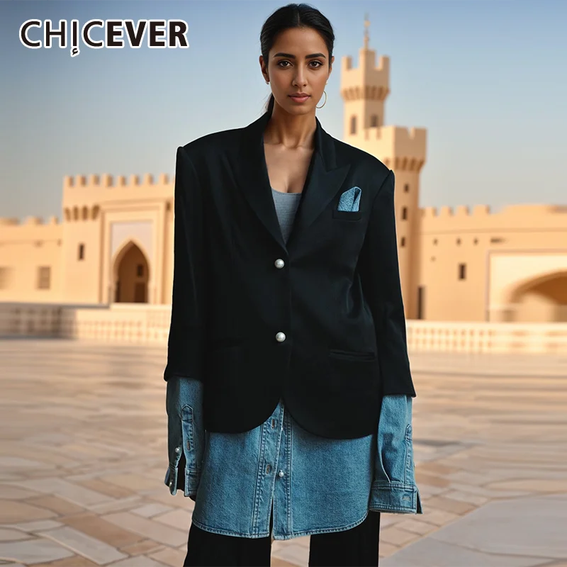 

CHICEVER Hit Color Casual Spliced Denim Blazers For Women Notched Collar Long Sleeve Patchwork Button Chic Blazer Female New