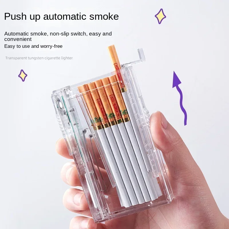 New Transparent Cigarette Case Tungsten Lighter Hand Push Charging Cigarette Lighter Automatic Ejection Cigarette Case Wholesale