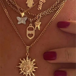 Vintage 18K Gold Plated Stainless Steel Toothed Sun Heart Pendant Necklace for Women Men Fashion Couple Jewelry Gift