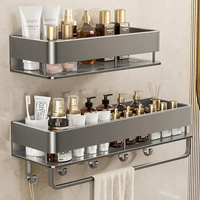Gun‑Gray Square Basket, No‑Drill Bathroom Storage Shelf, Wall Mounted Organizer for Toiletries, Detachable & Washable
