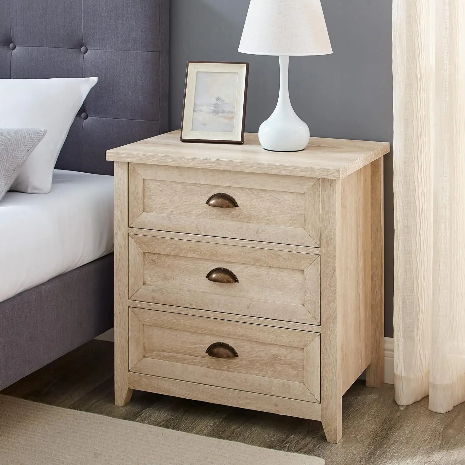 Edison Hazel Modern Farmhouse 3 Drawer Framed Nightstand with Half-Moon Handles, 25 Inch, White Oak