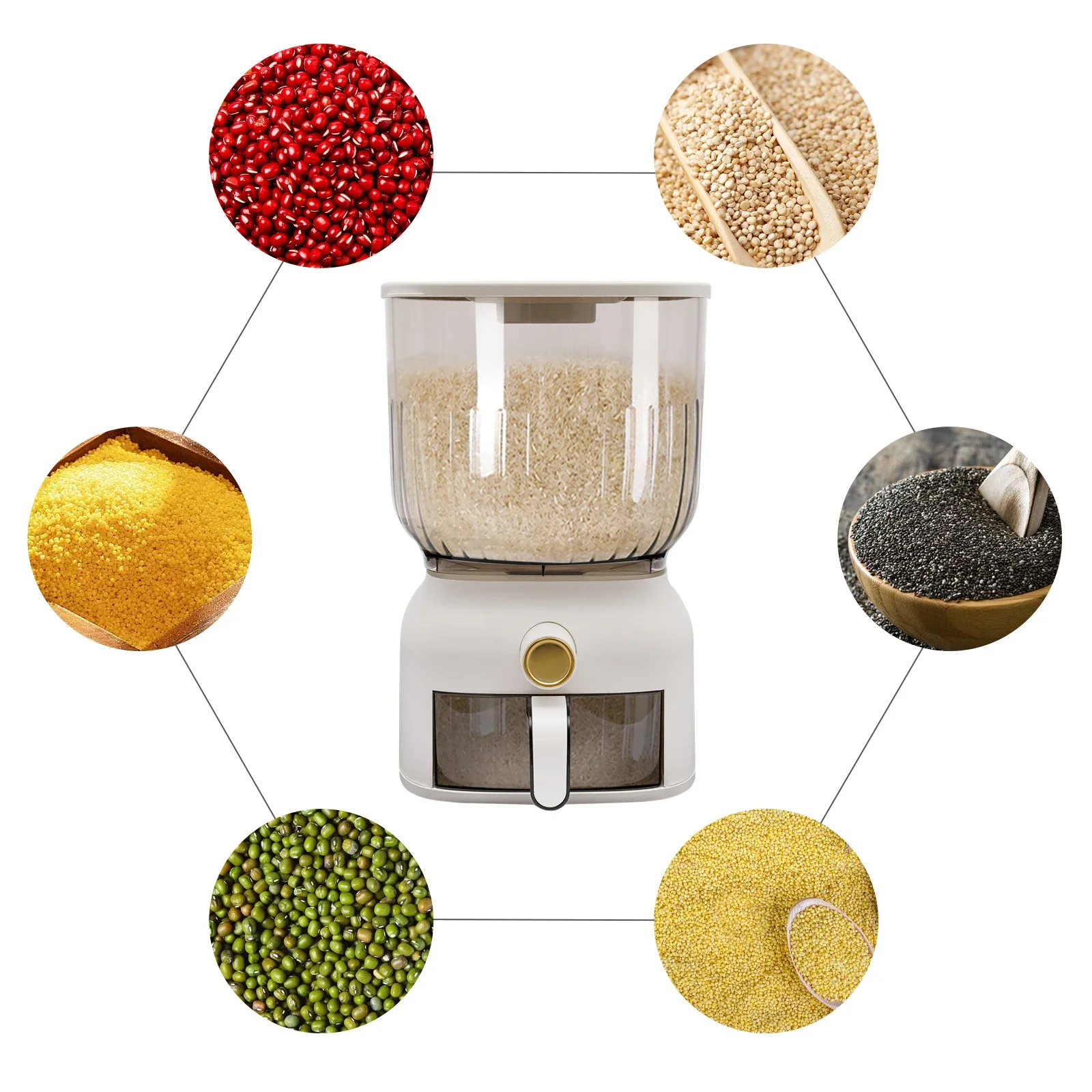 

Большой герметичный контейнер для хранения зерна, диспенсер для риса 22 фунта с чашкой для риса, диспенсер для еды, кухонный органайзер для риса, фасоли, зерна