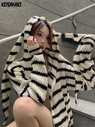 Women Vintage Loose Striped Caridgan Coat Fashion Y2k Aesthetic Hooded All Match Jackets New Oversized Japanese Pocket Kardigan