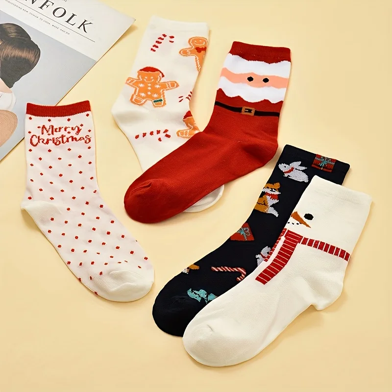 5 Pairs of Randomly Assorted Women's Christmas Socks, Autumn and Winter Styles, Featuring Cartoon Santa Claus, Polka Dots, Letters, and Snowmen, Comfortable Mid-Calf Socks, Perfect for Christmas Outfits, the Best Christmas Gift to Share with Family and Friends