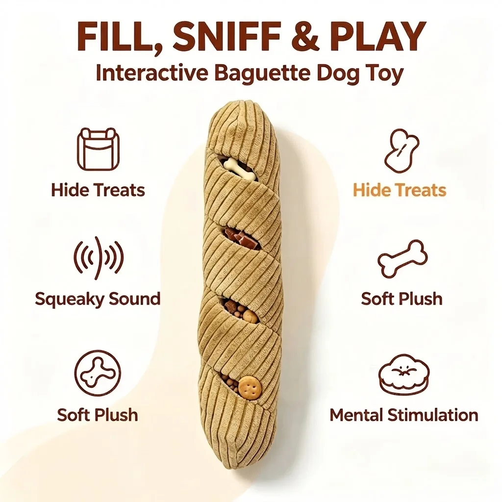 Baguette Shape Dog Snuffle Toy Squeaky Plush Puzzle Treat Dispenser IQ Foraging Enrichment Reduce Boredom For Small Medium Dogs