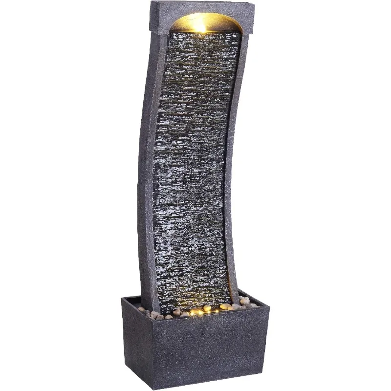 Modern Faux Slate Waterfall Fountain for Indoors or Outdoors with LED Light Accents and 1.98-Gallon Pump,