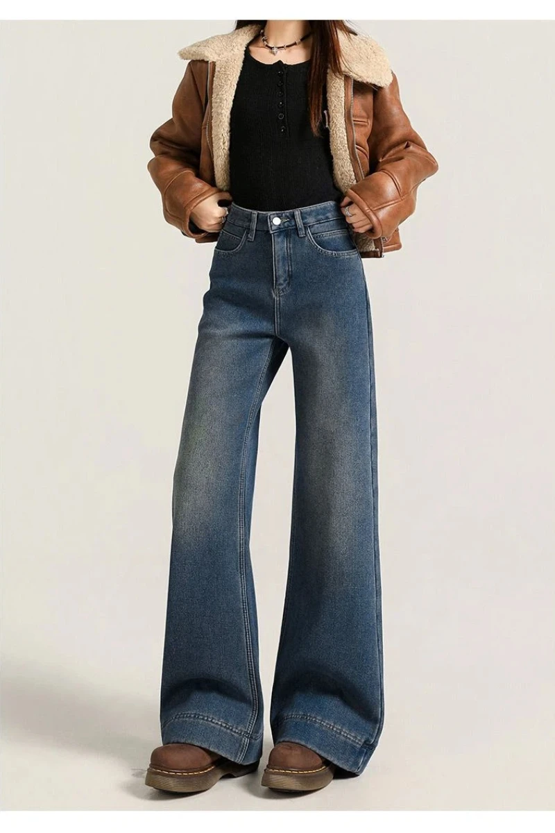 Y2K デニムパンツ 女性用 フレア ルーズ ワイドレッグ ストレッチ フリース裏地 レトロ カジュアル パンツ ファッション フィット感なし 多用途