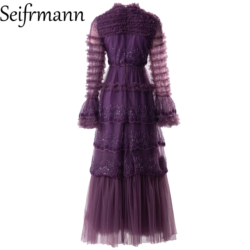 Seifrmann Spliced ​​sequined fungus edge dress round neck long sleeve waist long dress 2026 autumn women's new style