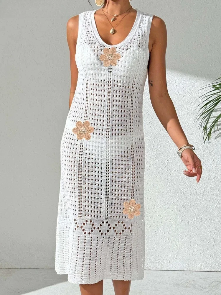 Sexy Women Solid Sleeveless Bikini Cove Up Hollow Lady Long Beach Dress Female Brazilian Swimsuit Cover-Ups