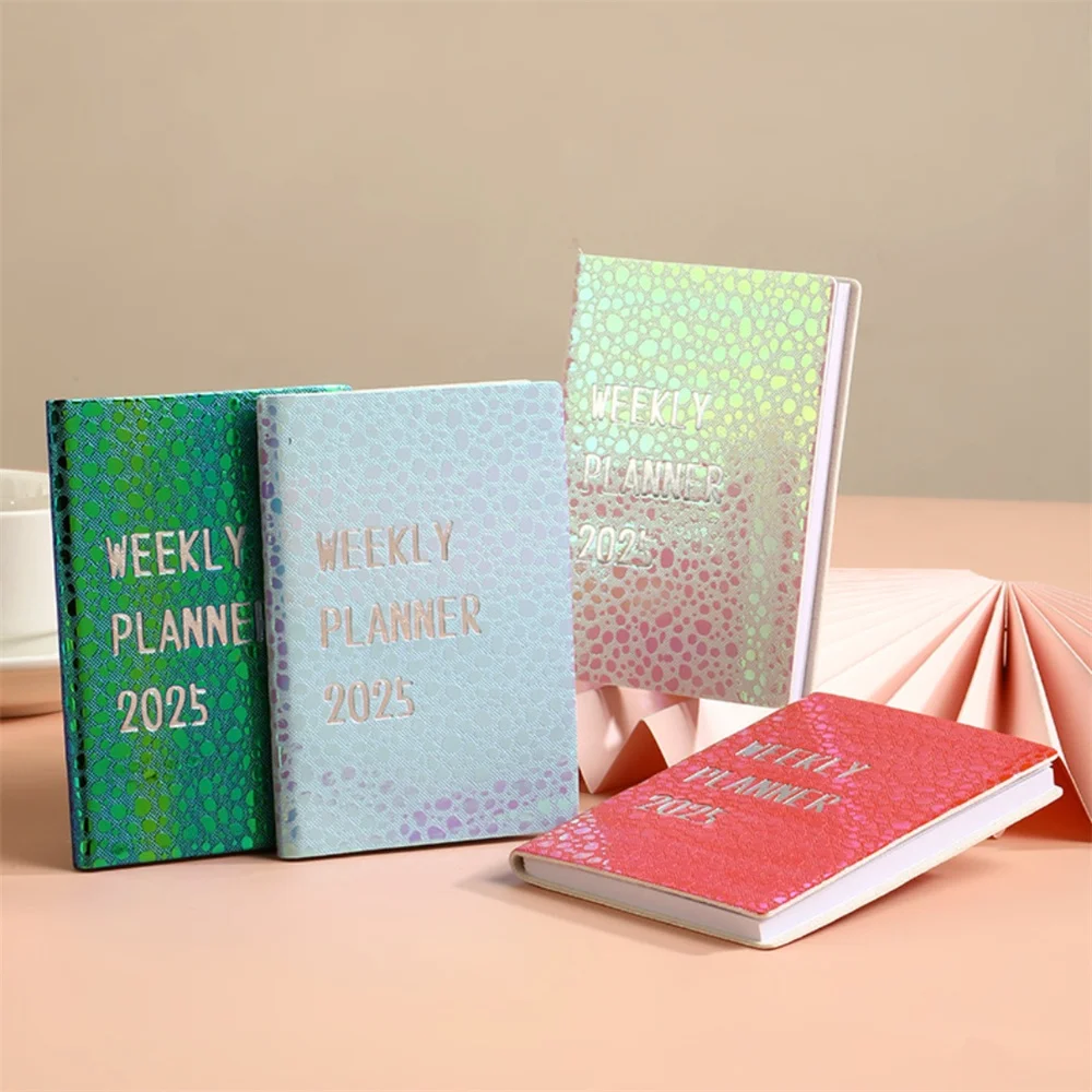 Colorful Laser Notebook A7 English Schedule Planner 2025 Portable Mini Pocket Student Diary Notepad School Office Supplies