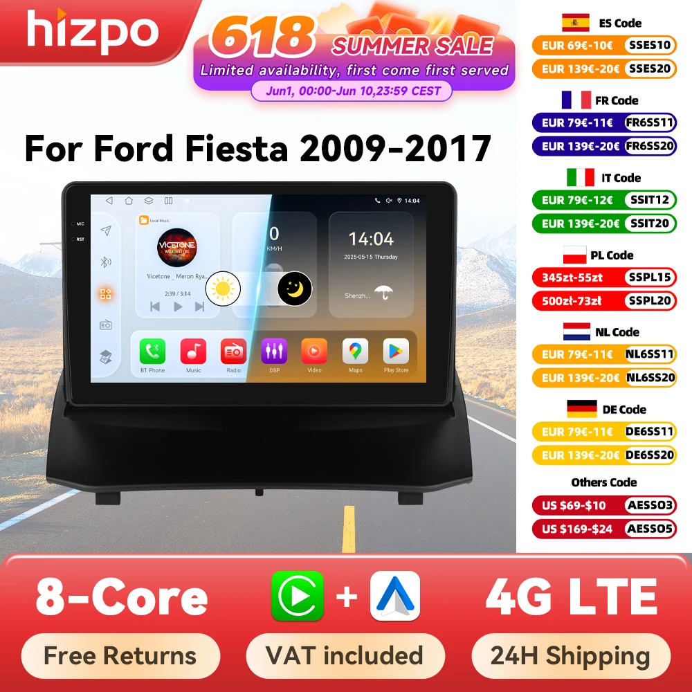 Hizpo systèmes de voiture intelligents Radio pour Ford Fiesta MK7 2009-2017 voiture multimédia GPS 2din Autoradio sans fil CarPlay Android Auto WIFI