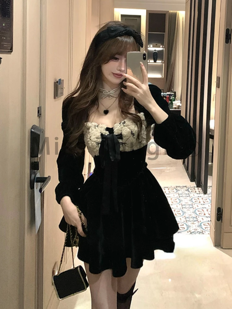 French Hepburn Elegant One Piece Dress Women Black Vintage Chic Party Dress Female Korean Fashion Sexy Lolita Dress 2023 Winter