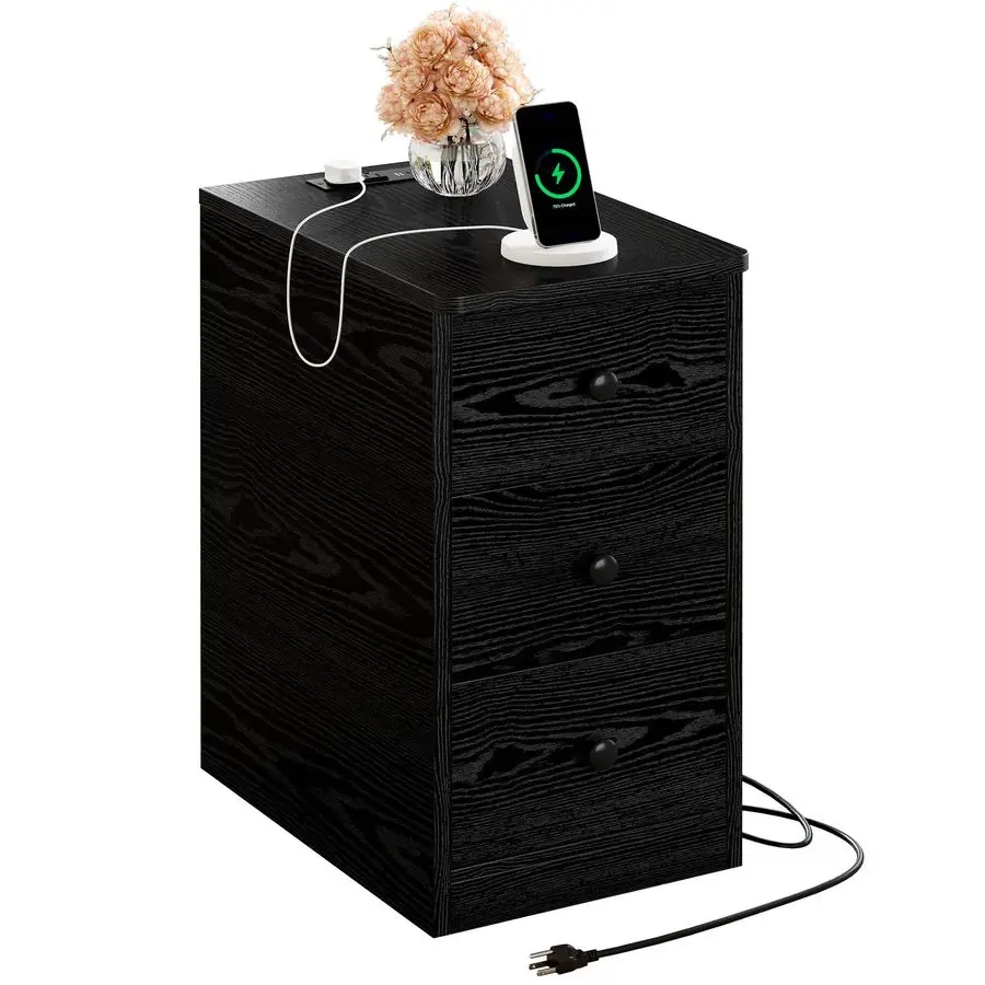 

Nightstand with Charging Station, Narrow Bedside Table with 3 Drawers, End Table with USB Ports and Outlets, Side Table for Liv