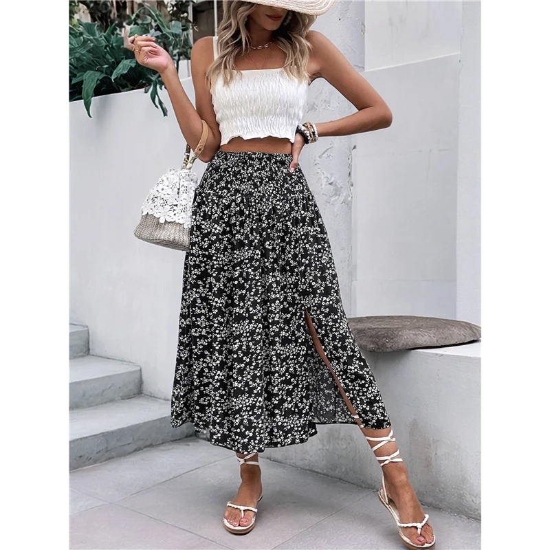 Hot Kf-Women's Print Long Skirts High Waist Split A Line Full Length Maxi Skirt