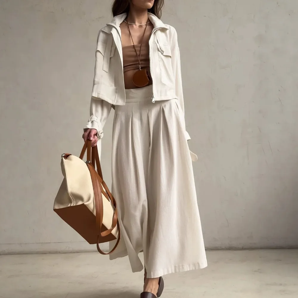 Cargo Style Ramie Cotton Jacket Skirt Set Autumn and Winter Women Chic Soft Pocket Stand Collar Lace Up Design Jacket Skirt 2pcs