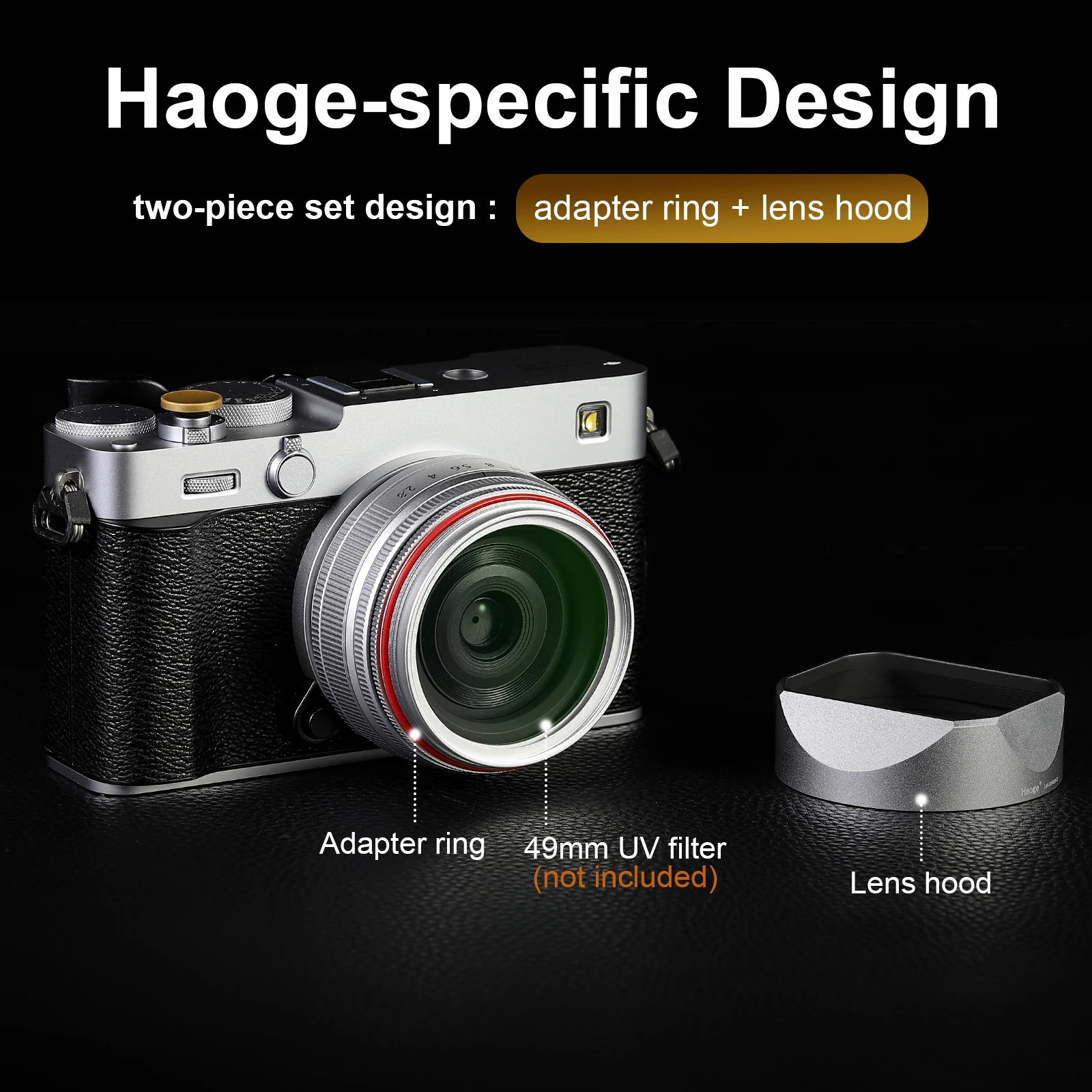 Haoge 43 mm quadratische Gegenlichtblende aus Metall für Voigtlander ULTRON 27 mm F2 Asph Fuji X-Mount-Objektiv, COLOR-SKOPAR 18 mm f/2,8 Asph Xmount-Objektiv – Detail 2