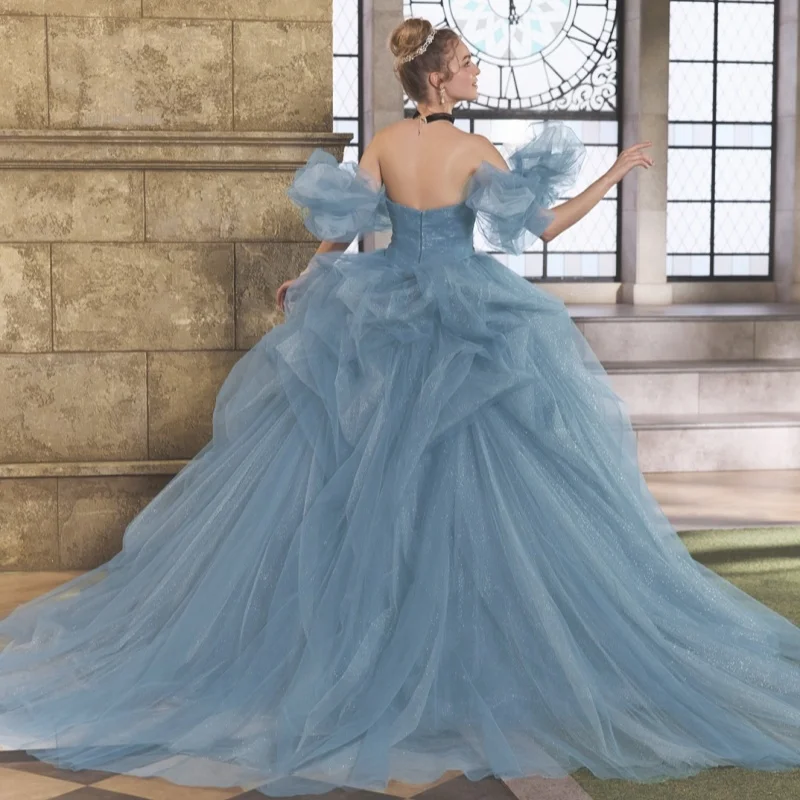 فستان Quinceanera باللون الأزرق الضبابي الطازج والحالم بدون أكتاف من الدانتيل وذيل من فيستدوس دي 15 Quinceanera ﻿ تخصيص