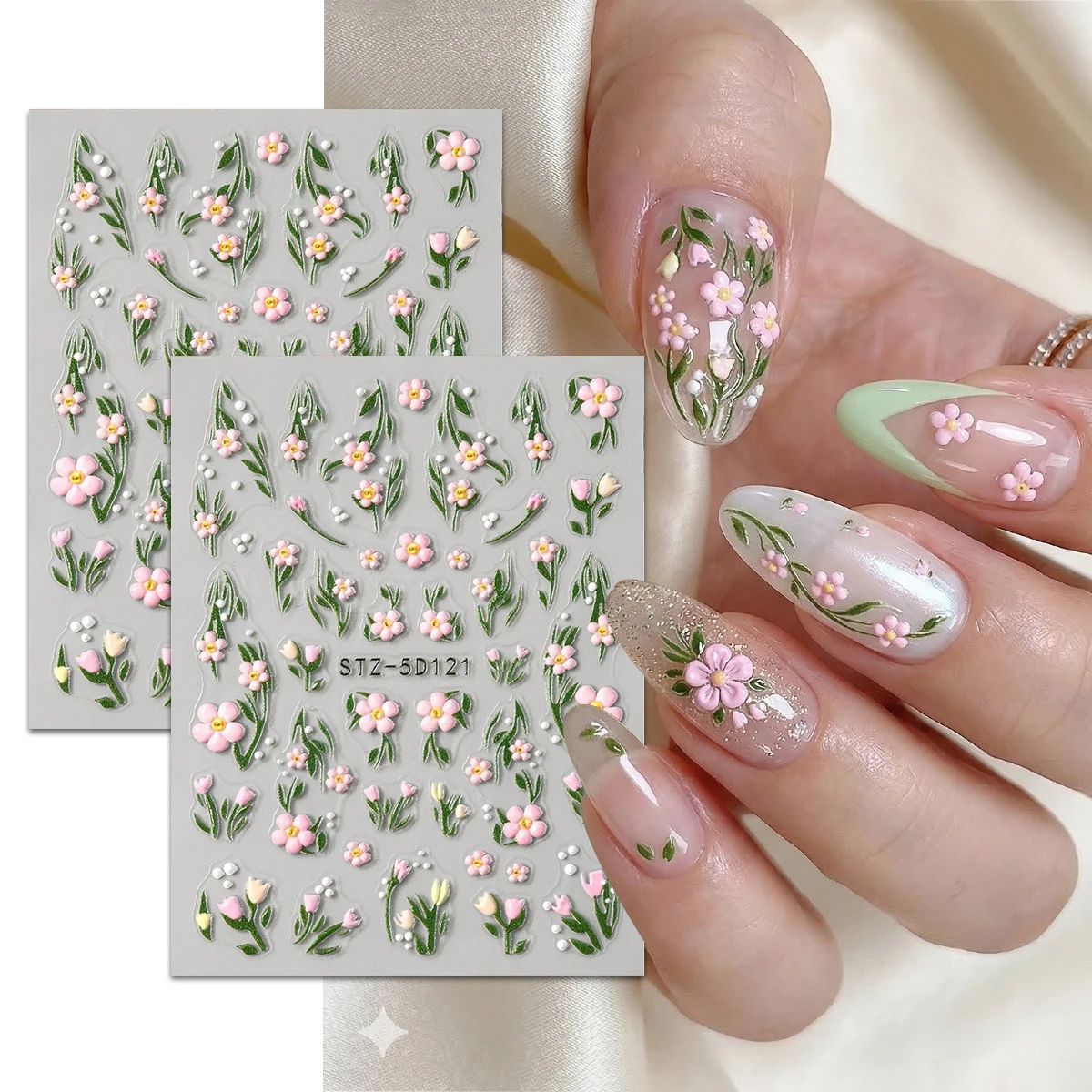 5D Pink Flower Green Vine Nail Art Stickers, French Floral Embossed Decals, DIY Manicure for Spring Summer Wedding Easter