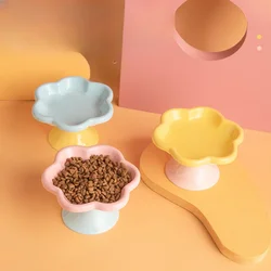 Ceramic Raised Cat Bowl With Flower Design, Elevated Cat Food Bowl Water Plate Snack Dish With Stand For Neck Protection