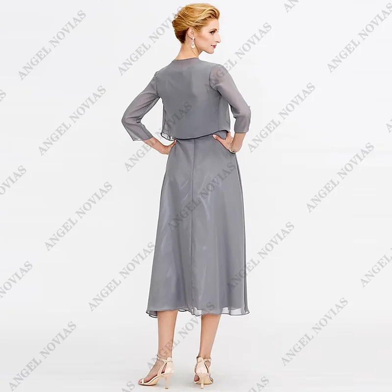 Customized Two Piece A-Line Mother of the Bride Dress Wedding Guest Elegant V Neck Tea Length Chiffon elegant party dress 2024