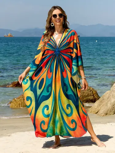 Imagen 1 del producto Caftán para mujer, caftán de playa de verano, vestidos con estampado Tie Dye, cubierta tejida a mano para traje de baño, gran oferta