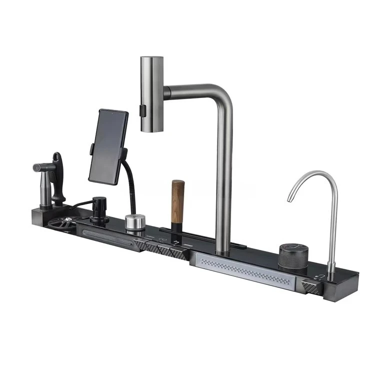 

2025 New Product Black LED Light Digital Display Waterfall Kitchen Sink Smart Hand Made Kitchen Sink with Spray Gun Cup Washer