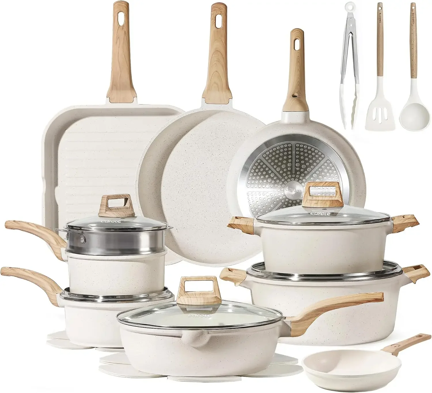 26pcs Pots and Pans Set, Nonstick Cookware Sets, with Grill Pan | With 6.5-Qt Stockpot, Lightweight & Durable, Steamer Included,