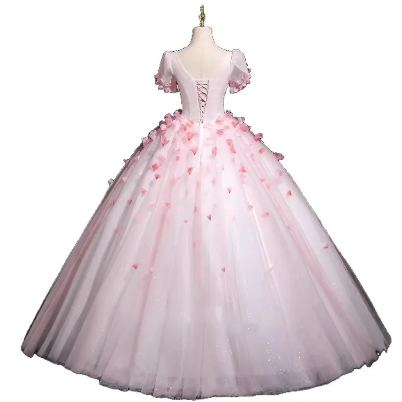 Fairy Style Evening Dress with Square Neckline, Short Sleeved Long Skirt, Three-dimensional Petal Fluffy Princess Dress