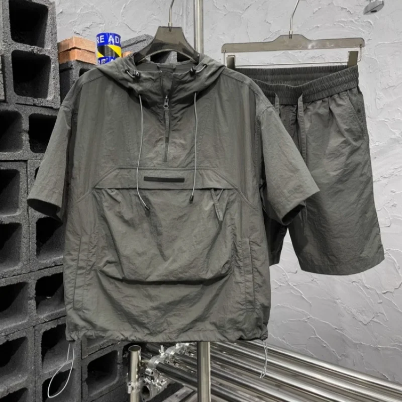

2025 summer half zip hooded casual short sleeved shorts set, plus size men's large pocket loose 2pcsM-8XL