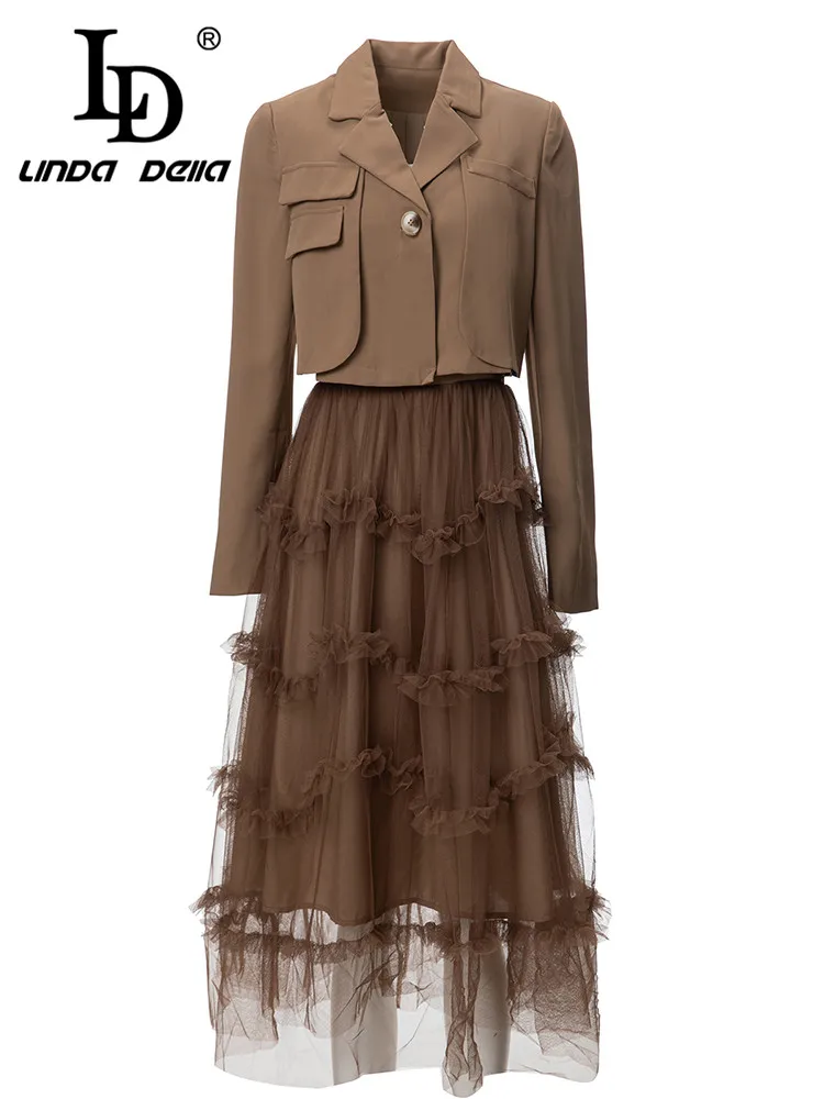 LD LINDA DELLA Fashion Designer Autumn and winter Set Women\'s Black Long Sleeve Button Top+Suspender Ruffle Lace Skirts Sets