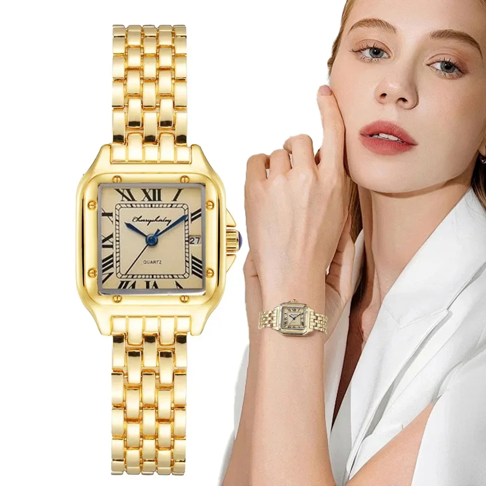 2025 Luxury Ladies Square Quartz Watches Women's Fashion Gold Alloy Strap Wristwatches Qualities Female Roman Scale Date Clock