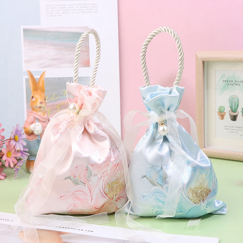 Pearl Pendant Flower Drawstring Bag Satin Bow Large Capacity Festive Wedding Candy Sugar Bag Bucket Bag Gift Storage Bag